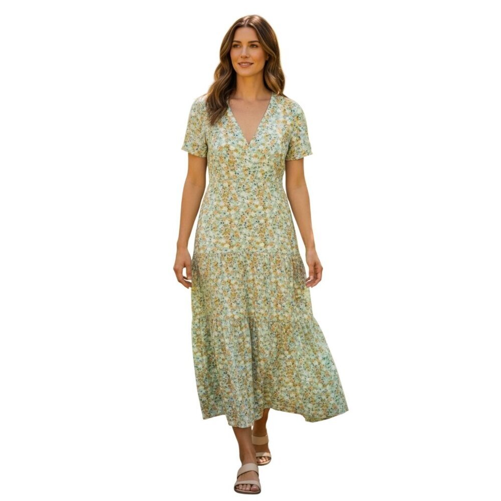 See the Shades Ruffled Floral Flounce Maxi Dress~Size Medium~Sage Combo~L1 18